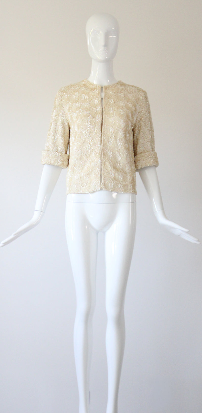 "Textural Sequins" Vintage 1950's Cream Sequin Embellished Cardigan UK 12 US 8