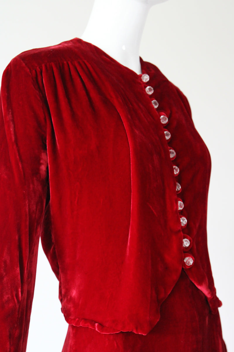 "Racing Red Velvet" Vintage 1930's Red Velvet Racer Back Dress & Matching Jacket UK 6-8 US 2-4