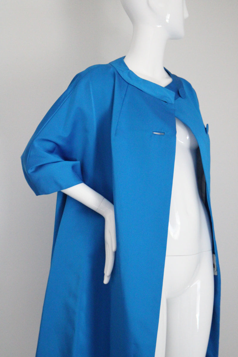 "Electric Cobalt" Vintage 1960's Electric Cobalt Blue Satin Neiman Marcus Duster Coat UK 10-14 US 6-10