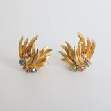 "Iridescent & Gold Botanicals" Vintage 1950's Gold & Rhinestone Clip On Earrings