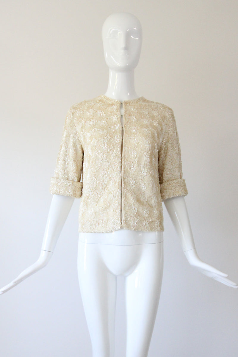 "Textural Sequins" Vintage 1950's Cream Sequin Embellished Cardigan UK 12 US 8