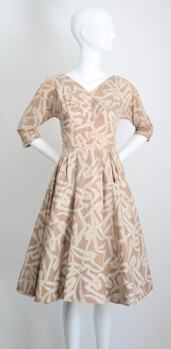 "Abstract Strokes" Vintage 1950's Tan & Cream Abstract Print Cotton Dres UK 6 US 2