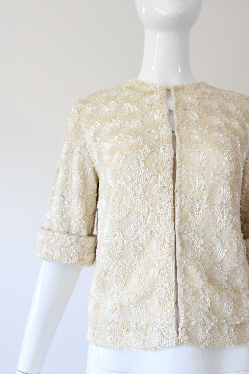 "Textural Sequins" Vintage 1950's Cream Sequin Embellished Cardigan UK 12 US 8