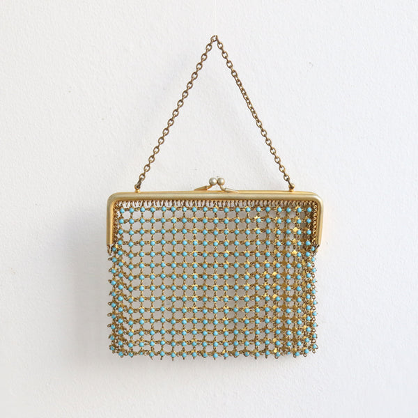 "Turquoise Chainmail" Vintage 1920's Gold Chainmail & Cabochons Handbag