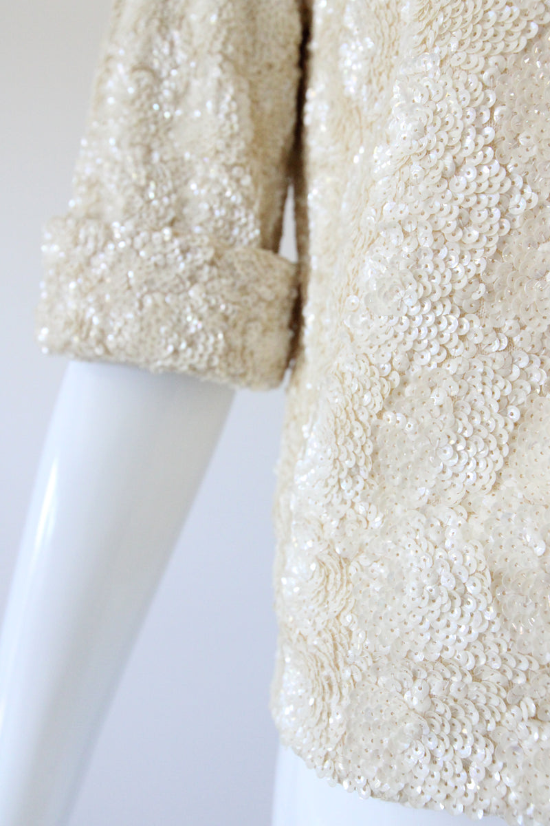 "Textural Sequins" Vintage 1950's Cream Sequin Embellished Cardigan UK 12 US 8