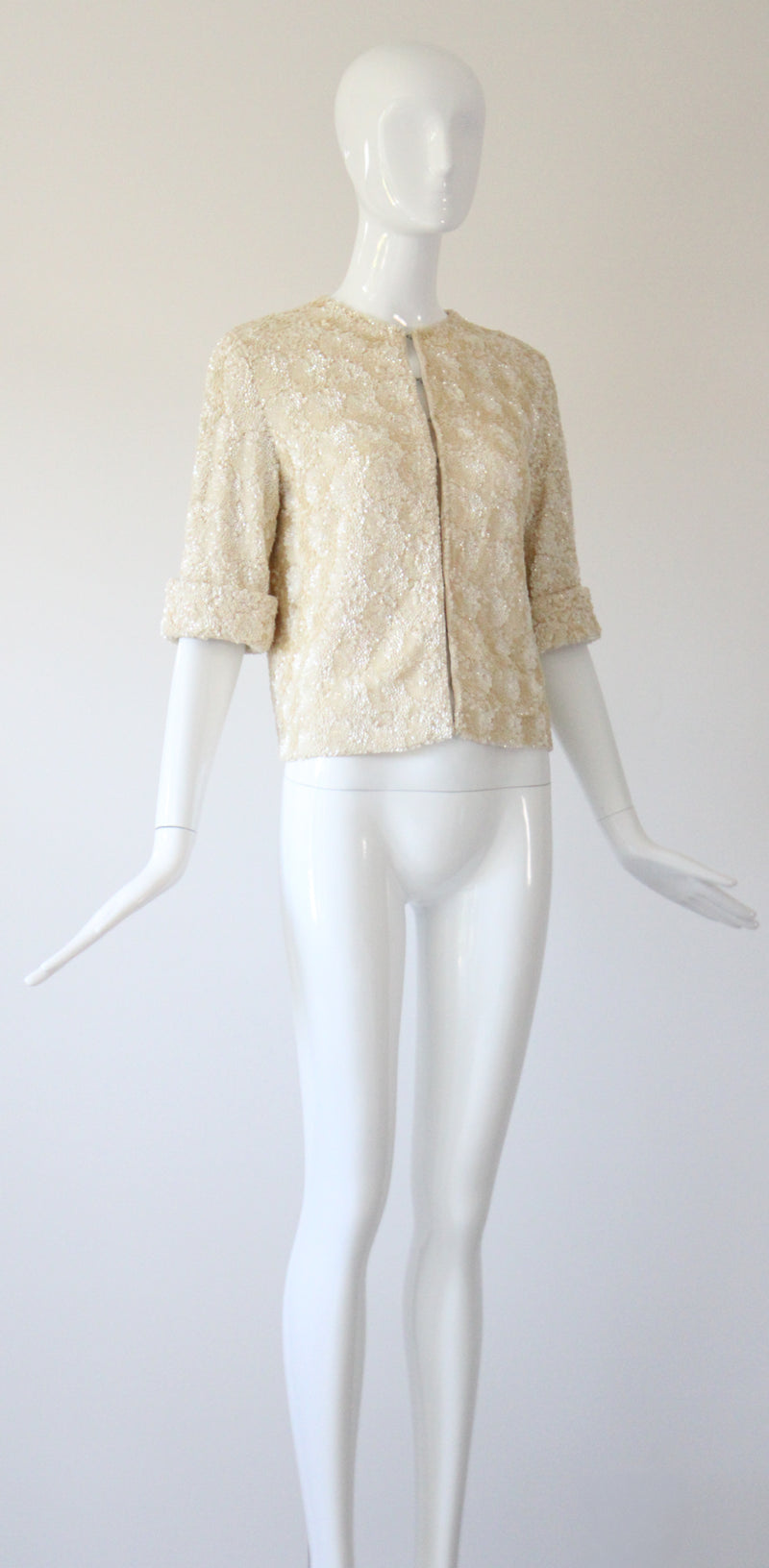 "Textural Sequins" Vintage 1950's Cream Sequin Embellished Cardigan UK 12 US 8