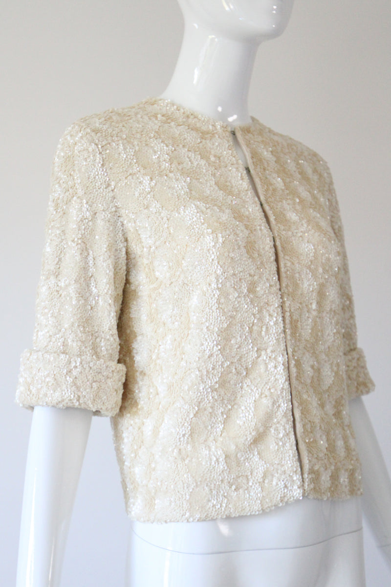 "Textural Sequins" Vintage 1950's Cream Sequin Embellished Cardigan UK 12 US 8