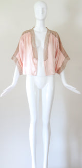 "Pink Silk & Mocha Lace" Vintage 1930's Pink Silk & Mocha Lace Kimono Sleeve Jacket UK 10-14 US 6-10