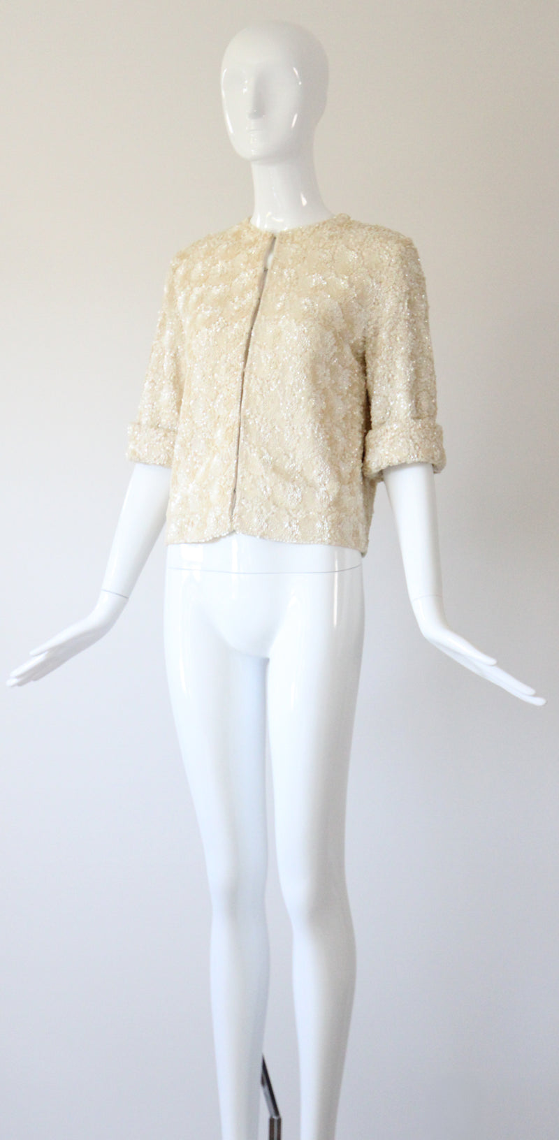 "Textural Sequins" Vintage 1950's Cream Sequin Embellished Cardigan UK 12 US 8