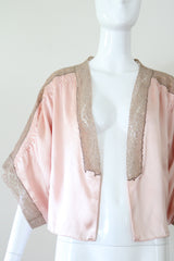 "Pink Silk & Mocha Lace" Vintage 1930's Pink Silk & Mocha Lace Kimono Sleeve Jacket UK 10-14 US 6-10