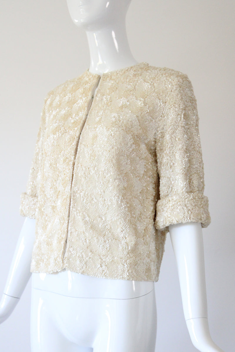 "Textural Sequins" Vintage 1950's Cream Sequin Embellished Cardigan UK 12 US 8