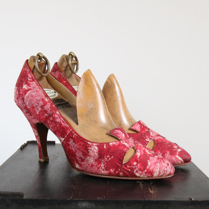 "Watercolour Pink" Vintage 1950's Pink Silk Watercolour Heels UK 5 US 7 EU 38