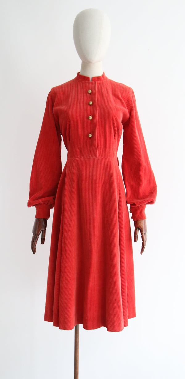 "Coral Cord" Vintage 1940's Coral Corduroy Dress UK 12-14 US 8-10