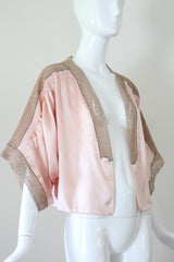 "Pink Silk & Mocha Lace" Vintage 1930's Pink Silk & Mocha Lace Kimono Sleeve Jacket UK 10-14 US 6-10