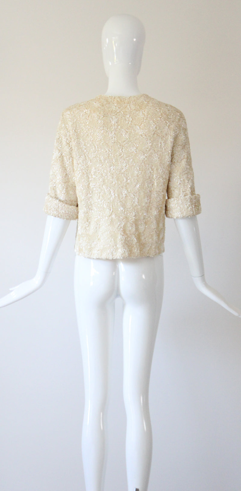 "Textural Sequins" Vintage 1950's Cream Sequin Embellished Cardigan UK 12 US 8