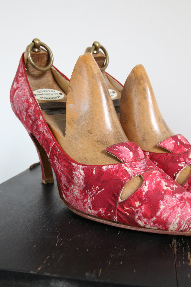 "Watercolour Pink" Vintage 1950's Pink Silk Watercolour Heels UK 5 US 7 EU 38