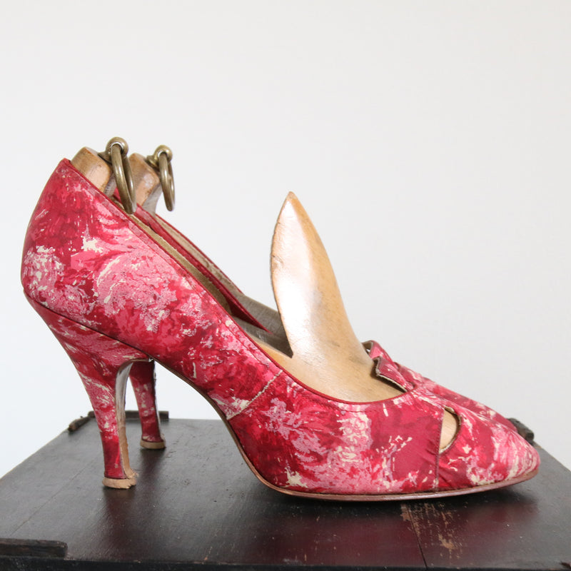 "Watercolour Pink" Vintage 1950's Pink Silk Watercolour Heels UK 5 US 7 EU 38