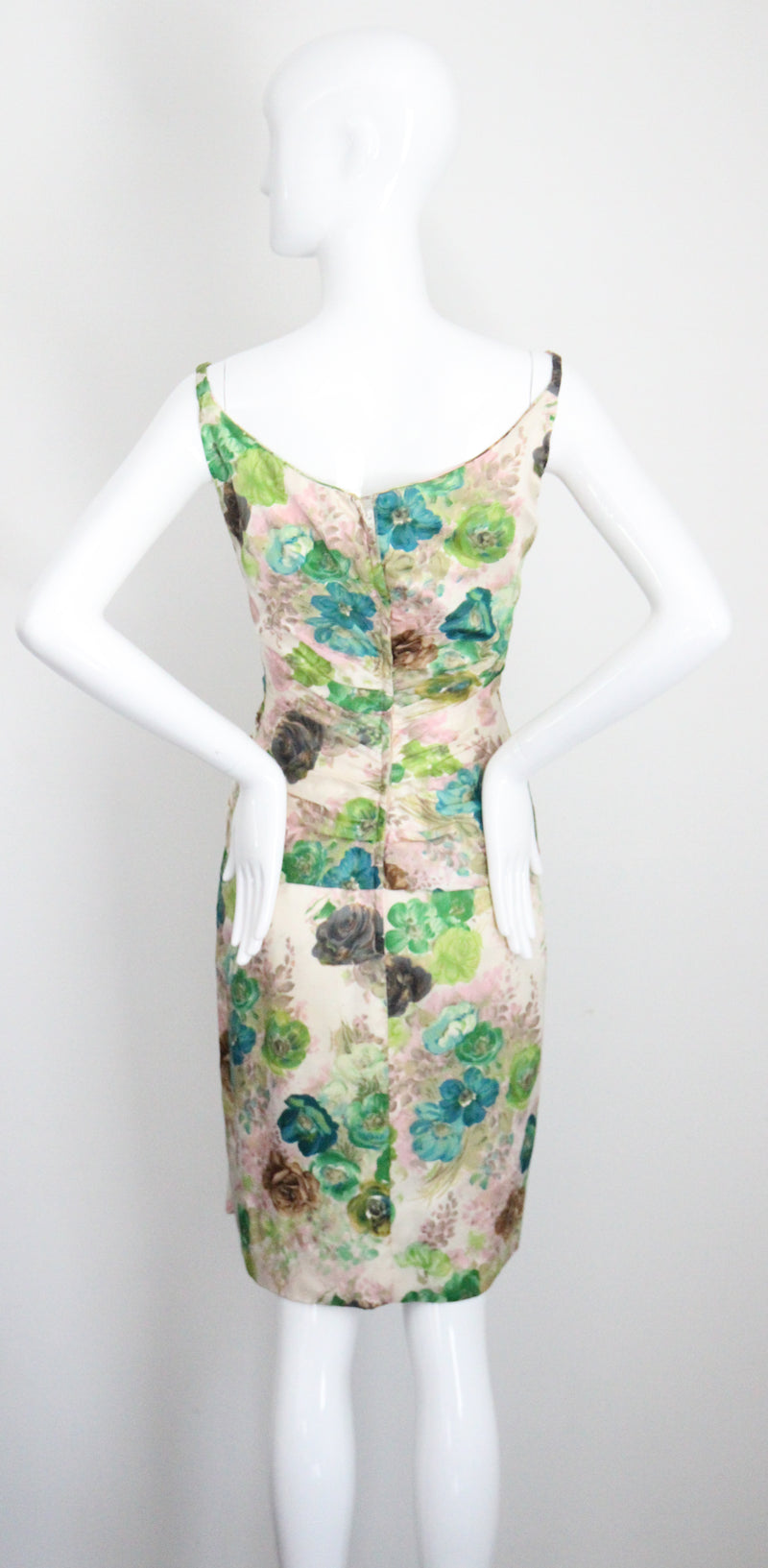 "Watercolour Florals" vintage 1950's Silk Ceil Chapman Cocktail Dress UK 6 US 2