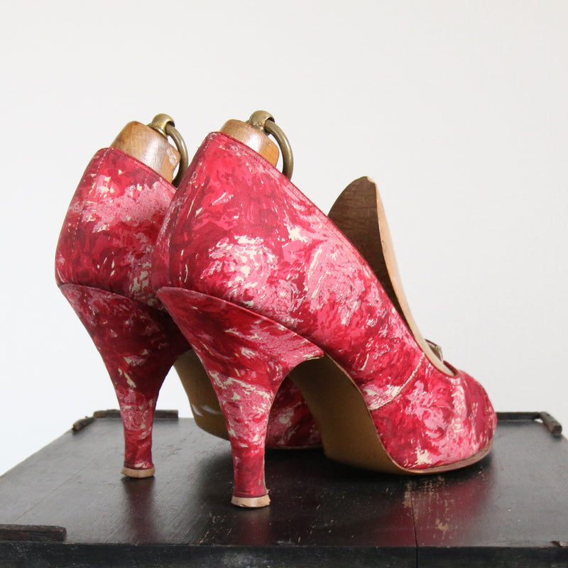 "Watercolour Pink" Vintage 1950's Pink Silk Watercolour Heels UK 5 US 7 EU 38