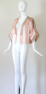 "Pink Silk & Mocha Lace" Vintage 1930's Pink Silk & Mocha Lace Kimono Sleeve Jacket UK 10-14 US 6-10