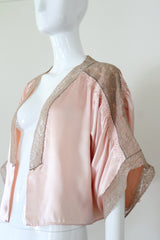 "Pink Silk & Mocha Lace" Vintage 1930's Pink Silk & Mocha Lace Kimono Sleeve Jacket UK 10-14 US 6-10