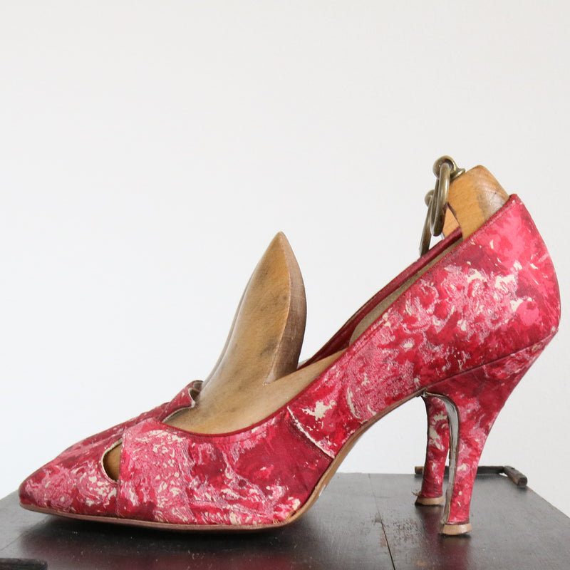 "Watercolour Pink" Vintage 1950's Pink Silk Watercolour Heels UK 5 US 7 EU 38