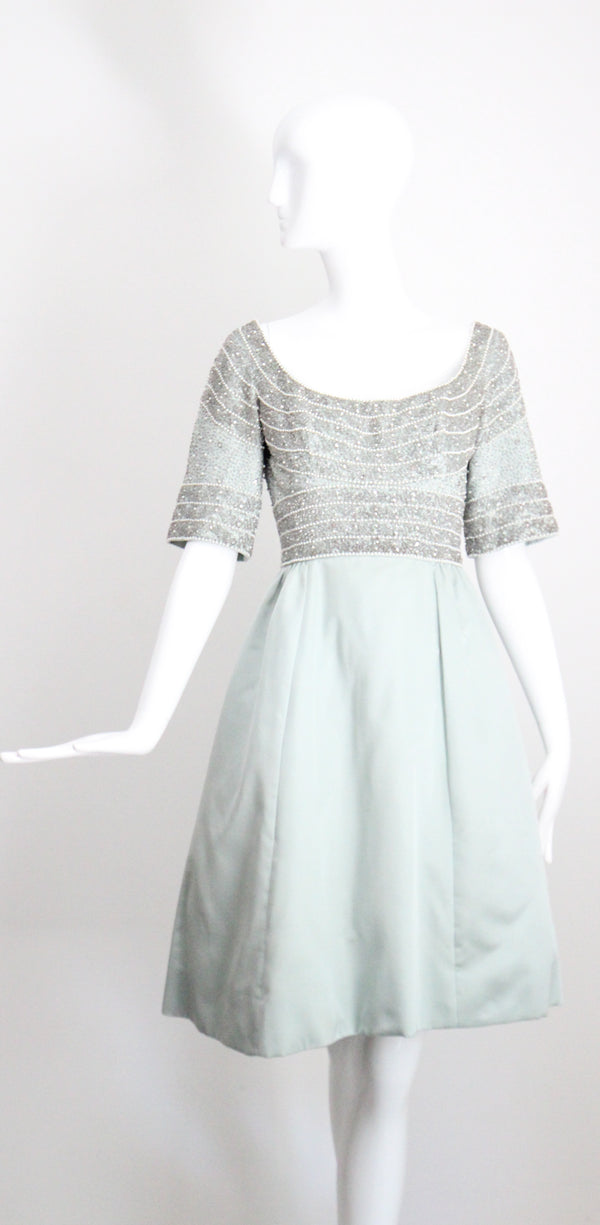 "Silver Beads & Satin" Vintage 1950's Duck Egg Blue Satin Beaded Cocktail Dress UK 6 US 2