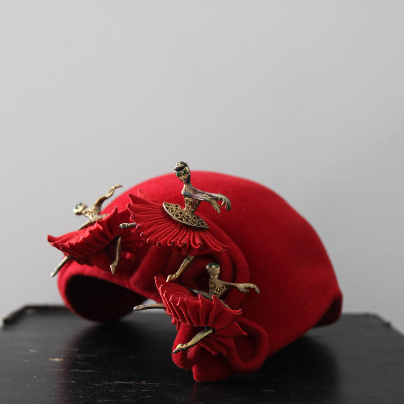 "Dancing Ballerinas" Vintage 1950's Red Felt Novelty Ballerina Hat