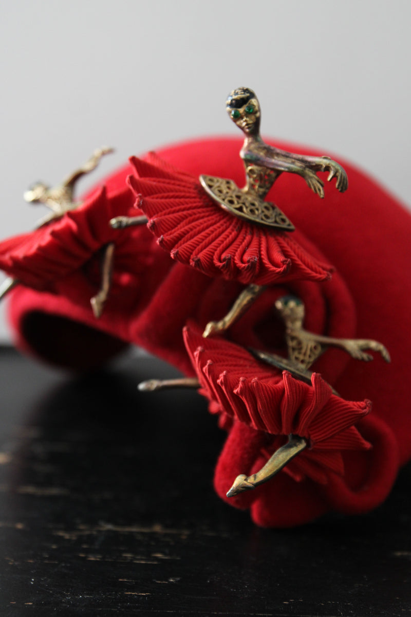 "Dancing Ballerinas" Vintage 1950's Red Felt Novelty Ballerina Hat
