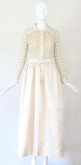 "Cream Silk & Crochet" Vintage 1970's Cream Silk & Crochet Gown UK 8 US 4