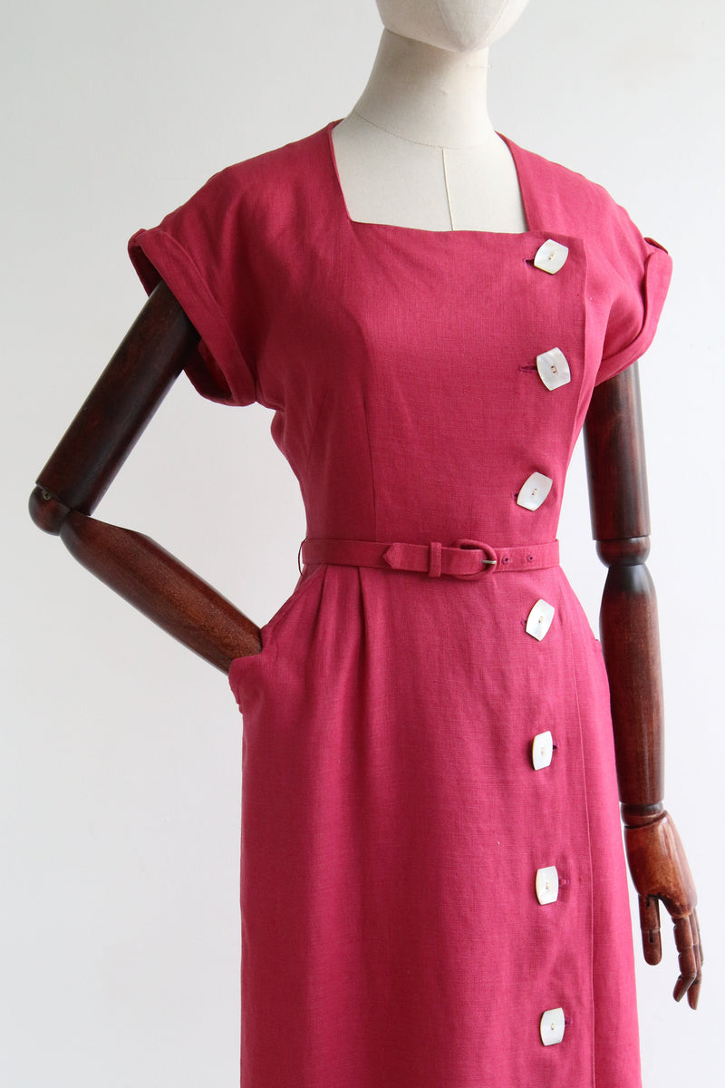 "Burgundy Linen" Vintage 1940's Burgundy Linen Dress UK 8 US 4