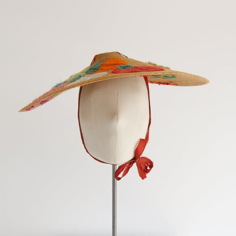 "Cannes" Vintage 1940's Straw Floral Embroidered Sun Hat