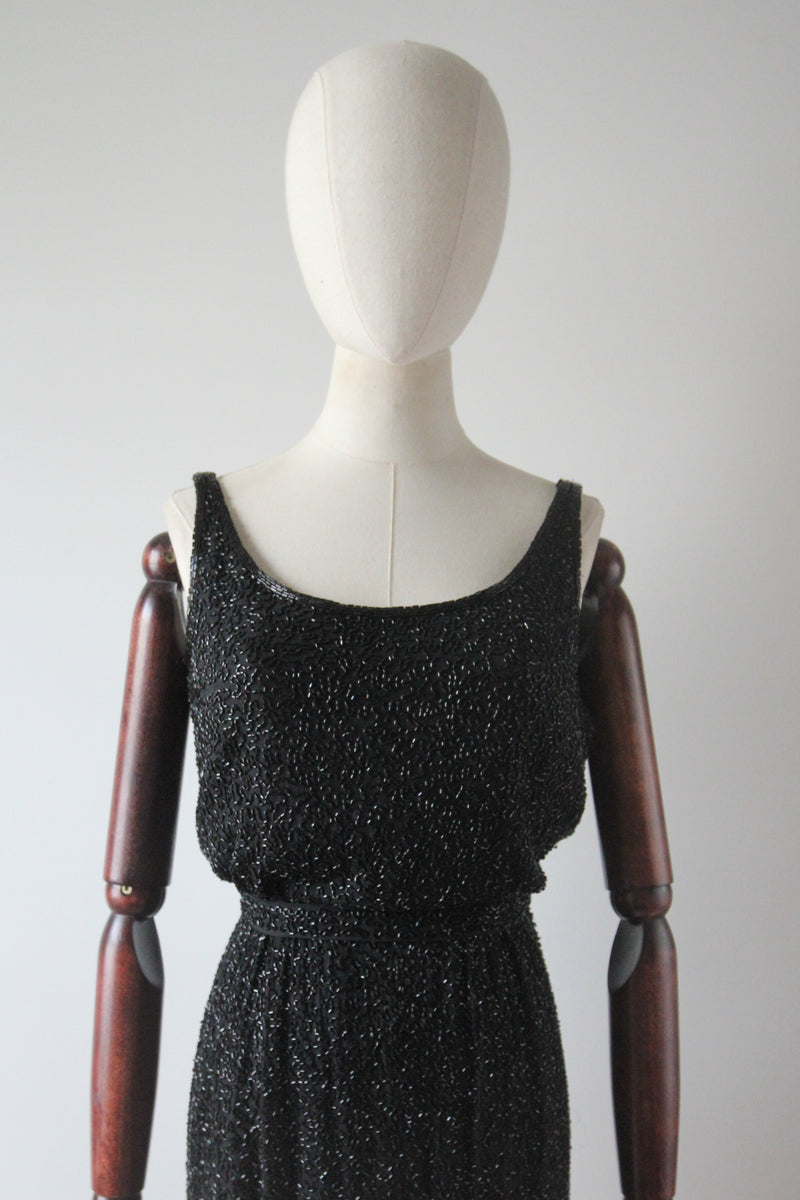 "Trailing Beadwork on Silk" Vintage 1950's Black Silk Beaded Cocktail Dress UK 4 US 0