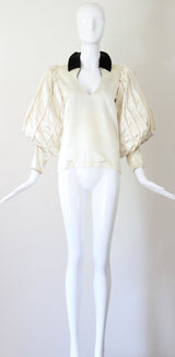 "Box Pleated Bishops" Vintage 1930's Couture Cream Rayon Bishop Sleeve Blouse UK 10 US 6