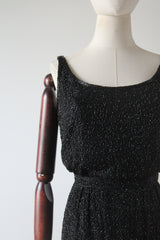 "Trailing Beadwork on Silk" Vintage 1950's Black Silk Beaded Cocktail Dress UK 4 US 0