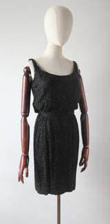 "Trailing Beadwork on Silk" Vintage 1950's Black Silk Beaded Cocktail Dress UK 4 US 0