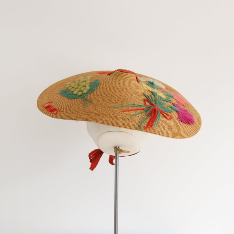 "Cannes" Vintage 1940's Straw Floral Embroidered Sun Hat