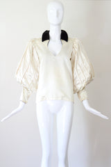 "Box Pleated Bishops" Vintage 1930's Couture Cream Rayon Bishop Sleeve Blouse UK 10 US 6