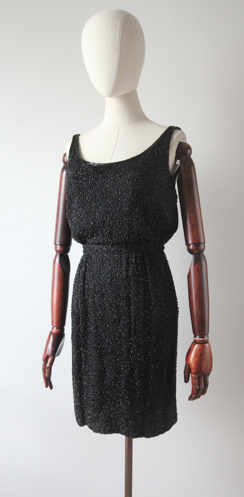 "Trailing Beadwork on Silk" Vintage 1950's Black Silk Beaded Cocktail Dress UK 4 US 0