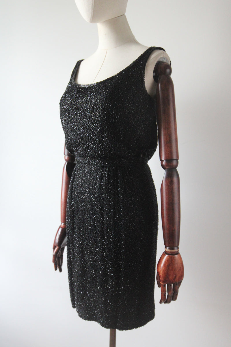 "Trailing Beadwork on Silk" Vintage 1950's Black Silk Beaded Cocktail Dress UK 4 US 0