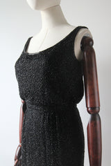 "Trailing Beadwork on Silk" Vintage 1950's Black Silk Beaded Cocktail Dress UK 4 US 0