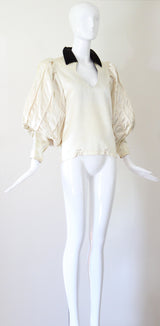 "Box Pleated Bishops" Vintage 1930's Couture Cream Rayon Bishop Sleeve Blouse UK 10 US 6