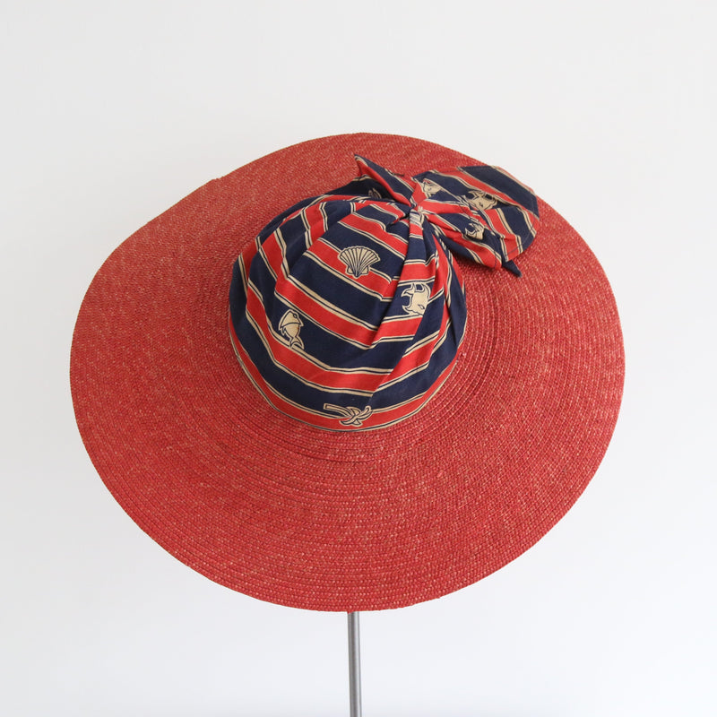 "Nautical Straw" Vintage 1930's Red Straw & Cotton Striped Sun Hat