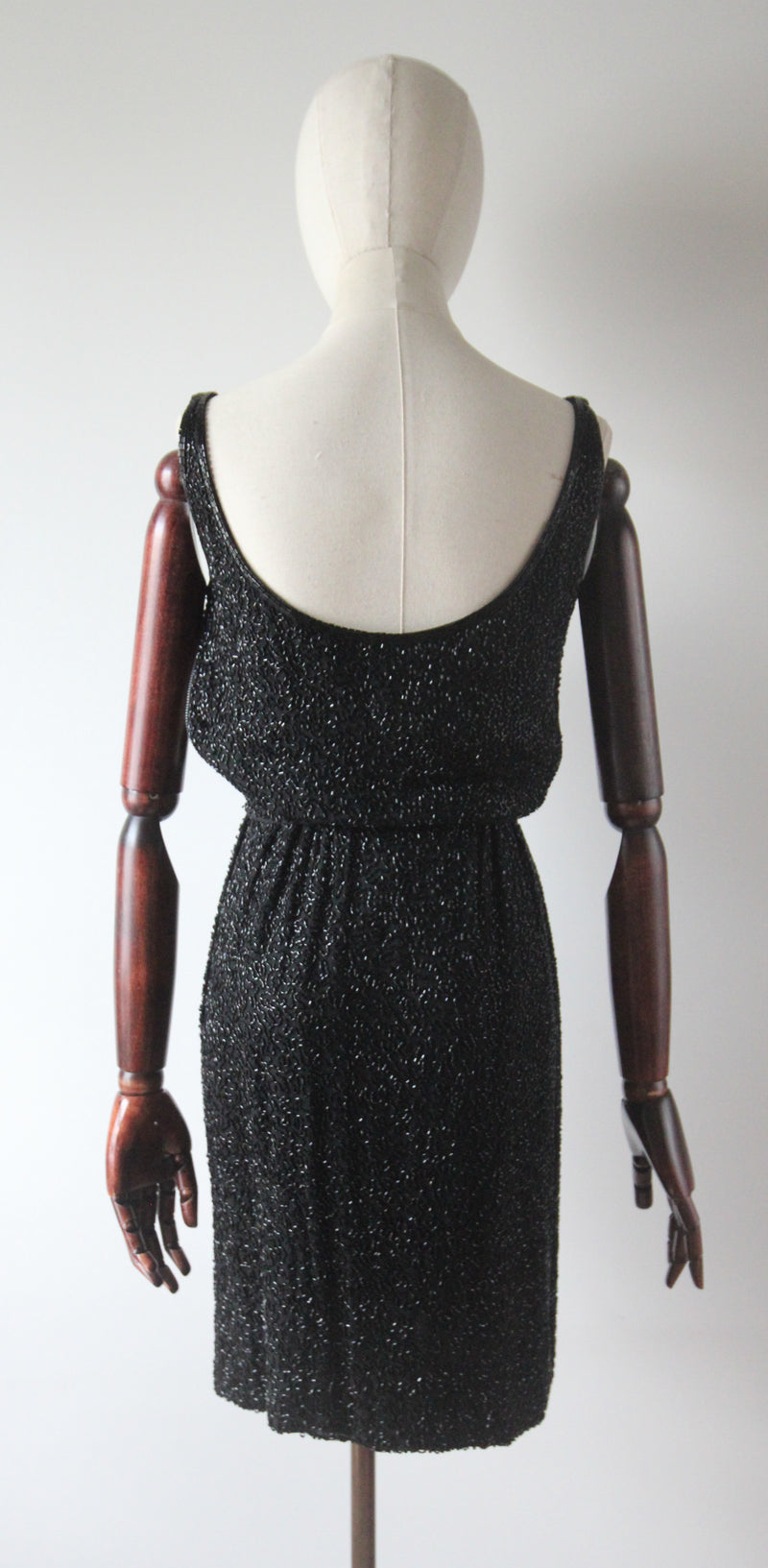 "Trailing Beadwork on Silk" Vintage 1950's Black Silk Beaded Cocktail Dress UK 4 US 0