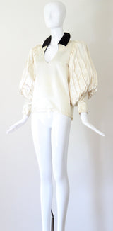 "Box Pleated Bishops" Vintage 1930's Couture Cream Rayon Bishop Sleeve Blouse UK 10 US 6