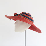 "Nautical Straw" Vintage 1930's Red Straw & Cotton Striped Sun Hat