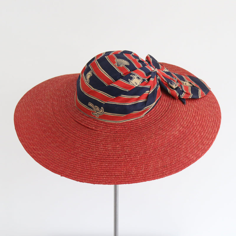 "Nautical Straw" Vintage 1930's Red Straw & Cotton Striped Sun Hat