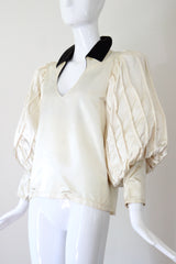 "Box Pleated Bishops" Vintage 1930's Couture Cream Rayon Bishop Sleeve Blouse UK 10 US 6