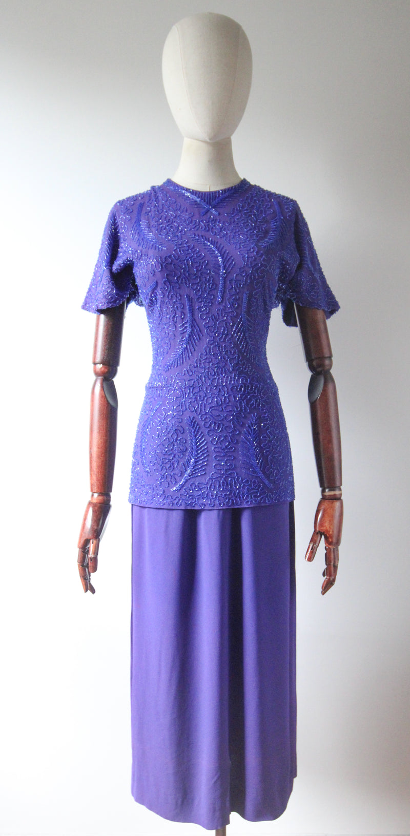 "Violet Blue Trailing Beadwork" Vintage 1940's Violet Blue Crepe Silk Beaded Dress UK 8 US 4