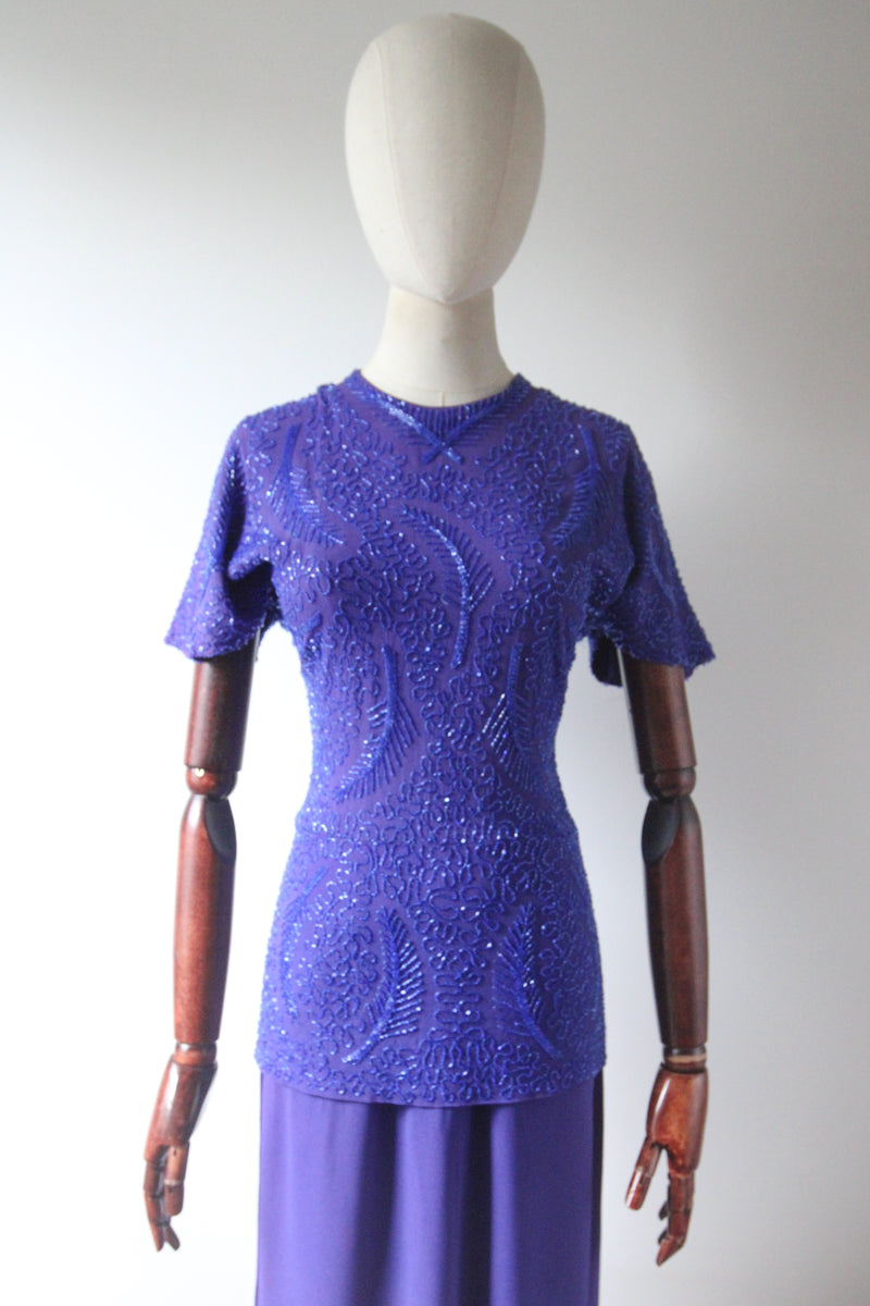 "Violet Blue Trailing Beadwork" Vintage 1940's Violet Blue Crepe Silk Beaded Dress UK 8 US 4